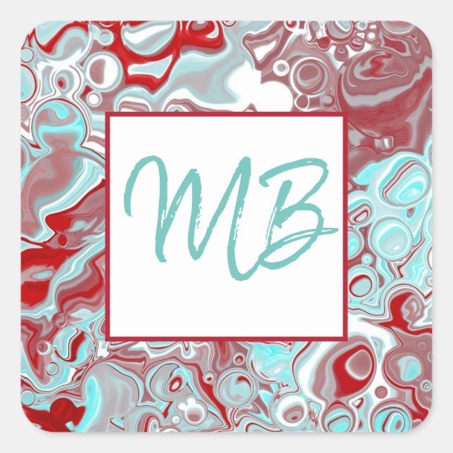 Monogrammed Teal, Burgundy, Red and White Marble   Square Sticker (Front)
