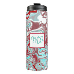 Monogrammed Teal, Burgundy, Red and White Marble  Thermal Tumbler