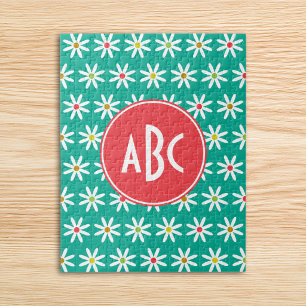 Monogrammed Teal Daisy Dots Jigsaw Puzzle