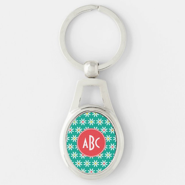 Monogrammed Teal Daisy Dots Keychain (Front)