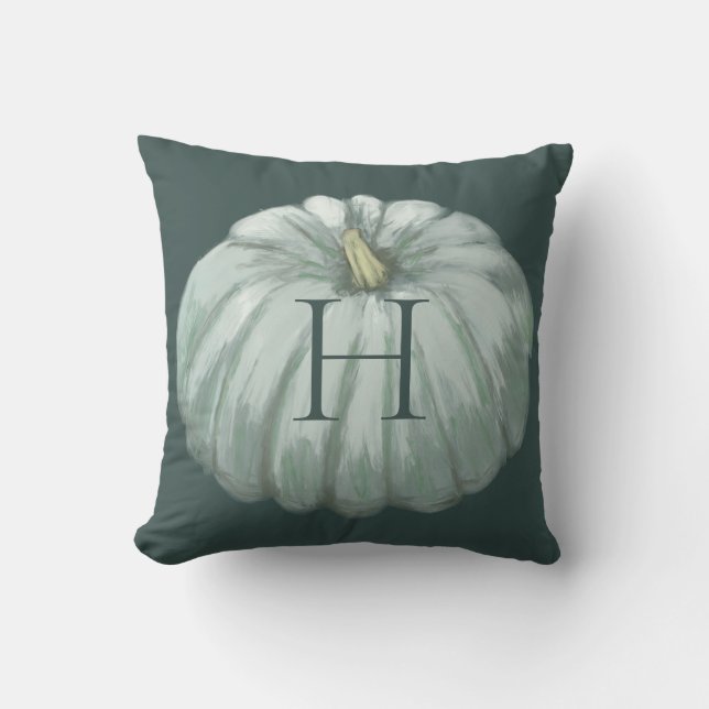 Monogrammed Teal Fall Pumpkin Throw Pillow (Front)