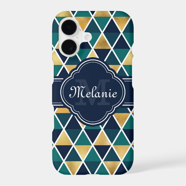 Monogrammed Teal Gold Geometric Triangle Pattern (Back)