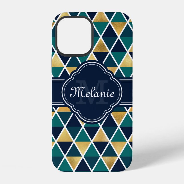 Monogrammed Teal Gold Geometric Triangle Pattern iPhone Case (Back)