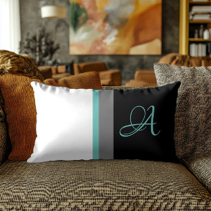 Monogrammed Teal Grey Black Striped Lumbar Pillow