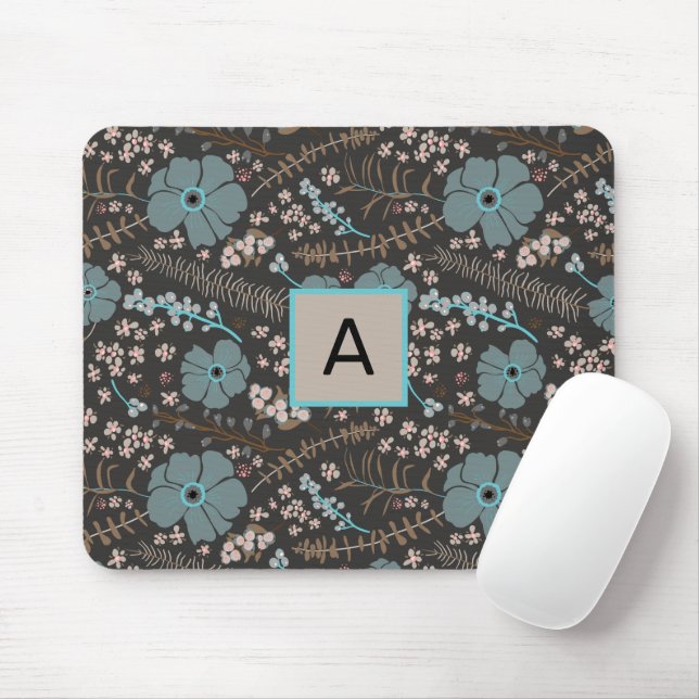 Monogrammed Teal Grey Pink Floral Pattern Mouse Pad (With Mouse)