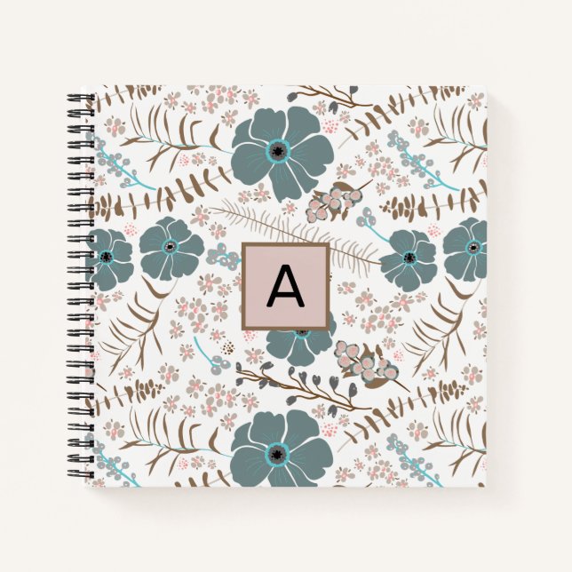 Monogrammed Teal Grey Pink Mix Floral Pattern Notebook (Front)