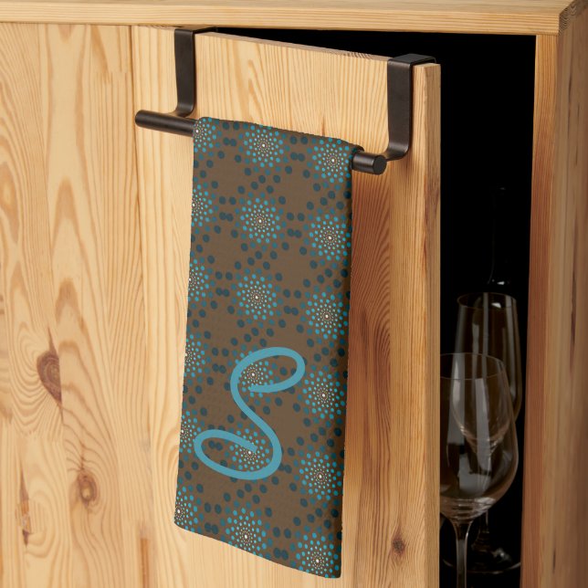 Monogrammed Teal Medallions Kitchen Towel (Thirds Fold)