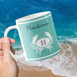 Monogrammed Teal Navy Blue White Crab Nautical Cof Coffee Mug