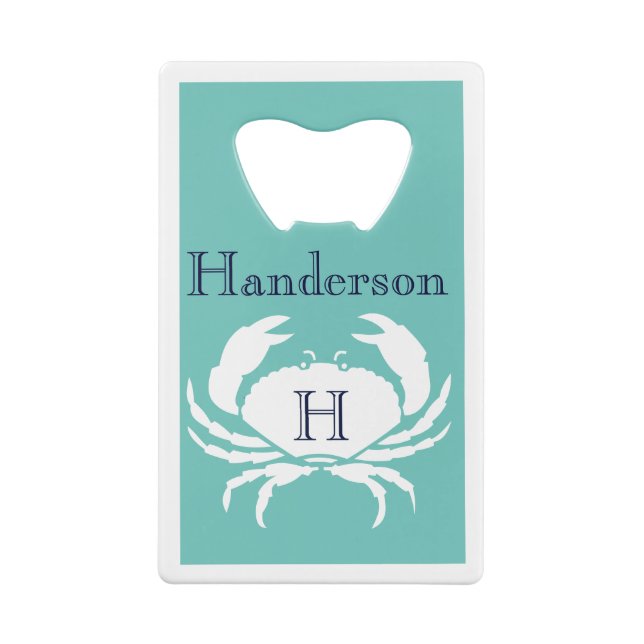 Monogrammed Teal Navy Blue White Crab Nautical  Credit Card Bottle Opener (Back)