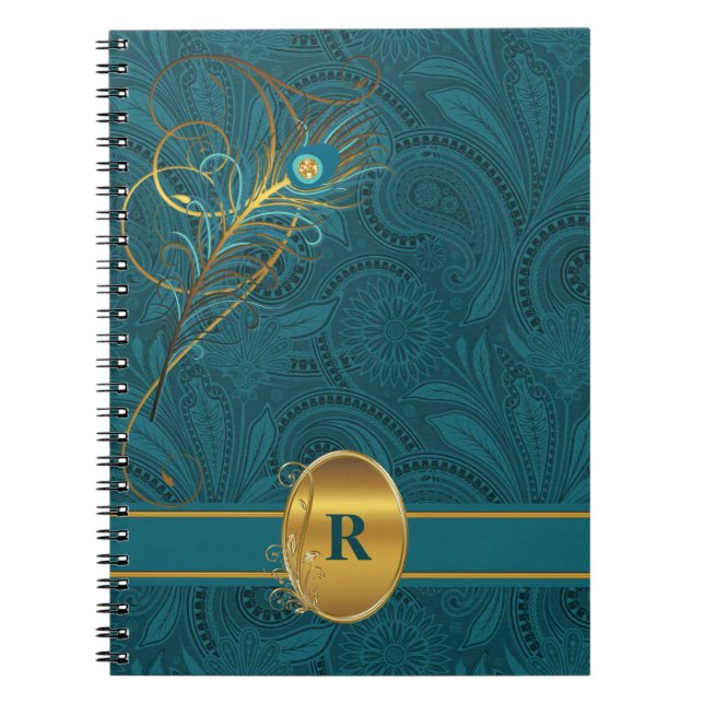 Monogrammed Teal Peacock for the Writer Notebook (Front)