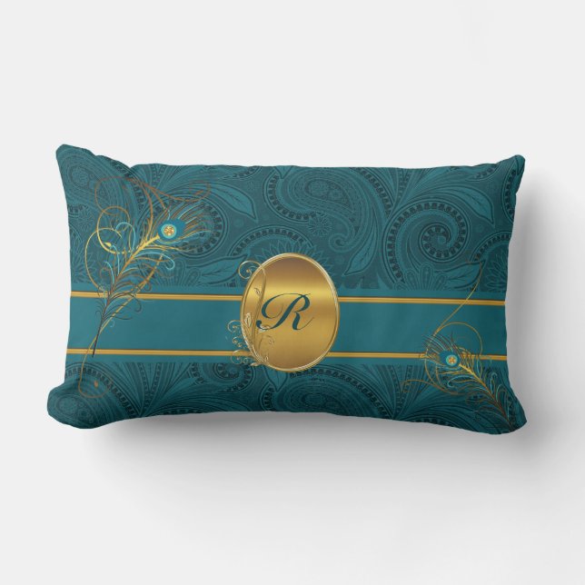 Monogrammed Teal Peacock with Gold 2-Sided Lumbar Pillow (Front)