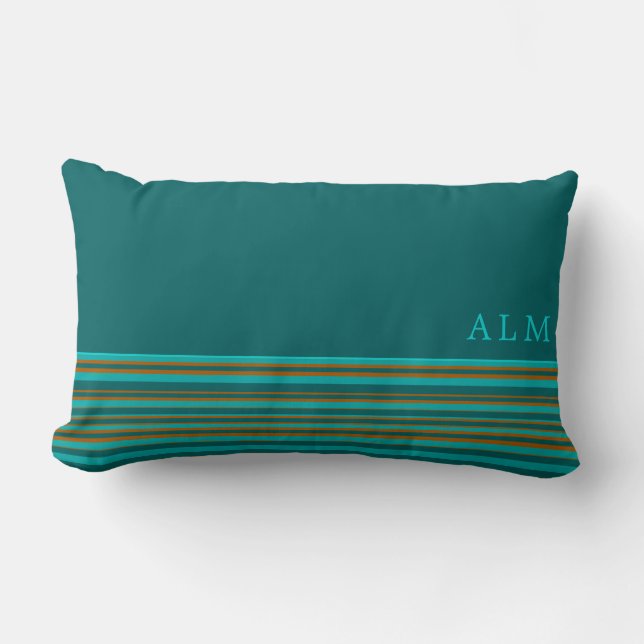 Monogrammed Teal Turquoise & Orange Stripe Lumbar Pillow (Front)