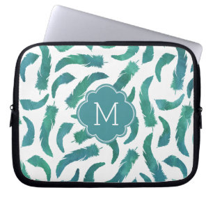 Monogrammed Teal Watercolor Feathers Pattern Laptop Sleeve