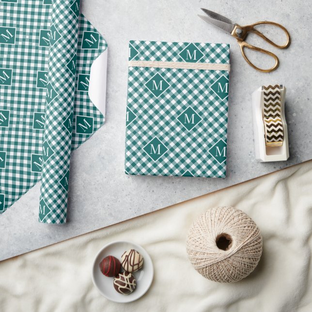 Monogrammed Teal White Buffalo Check Pattern Wrapping Paper (Crafts)