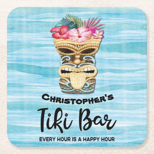 Monogrammed Tiki Bar Party Square Paper Coaster (Front)
