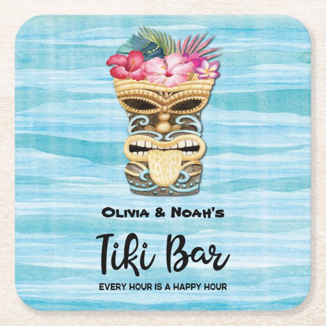 Monogrammed Tiki Bar Party Wedding Engagement Square Paper Coaster (Front)
