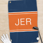 Monogrammed Top Golfer Stylish Modern Blue Orange Golf Towel<br><div class="desc">Classic design features monogrammed initials in white centred on an orange background. The top and bottom thirds of the towel are blue and each is separated from the middle orange section by two white stripes. Customize initials with the easy-to-use template. Be sure to see our integrated collection of coordinating colours...</div>