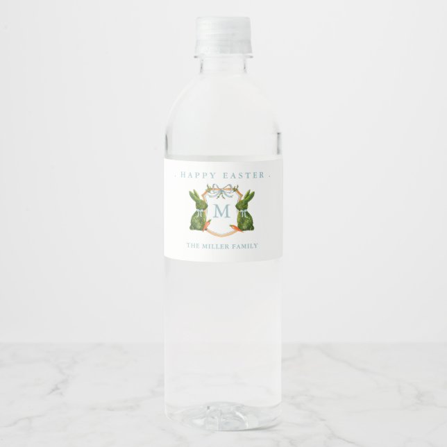 Monogrammed Topiaries Bunny Happy Easter  Water Bottle Label (Front)