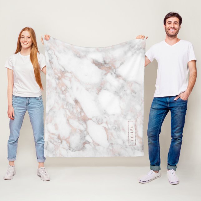 Monogrammed  Trendy Rose-Gold Faux Marble Fleece Blanket (In Situ)