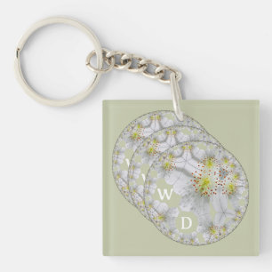 Monogrammed Triple Daisy Disc Flower Light Green Keychain