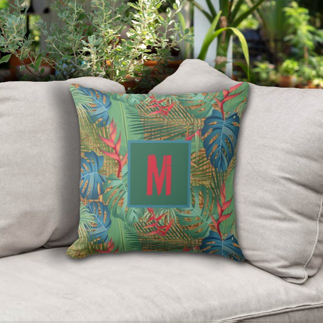 Monogrammed Tropical Floral on Wicker Print Outdoor Pillow (Monogrammed Tropical Floral on Wicker Print Outdoor Pillow - 2 sizes)