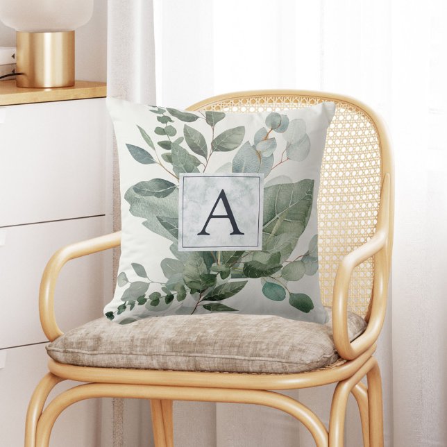 Monogrammed Tropical Green Sage Eucalyptus Leaves Outdoor Pillow (In situ Boho interior)