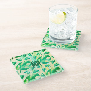 Monogrammed Tropical Green Yellow Monstera Leaf Glass Coaster