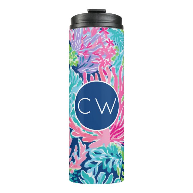 Monogrammed Tropical Ocean Pattern Pink Blue Thermal Tumbler (Front)