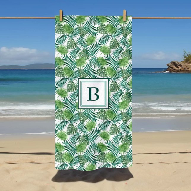 Monogrammed Tropical Palm Leaves Pattern Beach Towel (Monogrammed Tropical Palm Leaves Pattern Beach Towel)