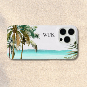 Monogrammed Tropical Palm Tree Leaves Blue Beach iPhone 16 Pro Max Case