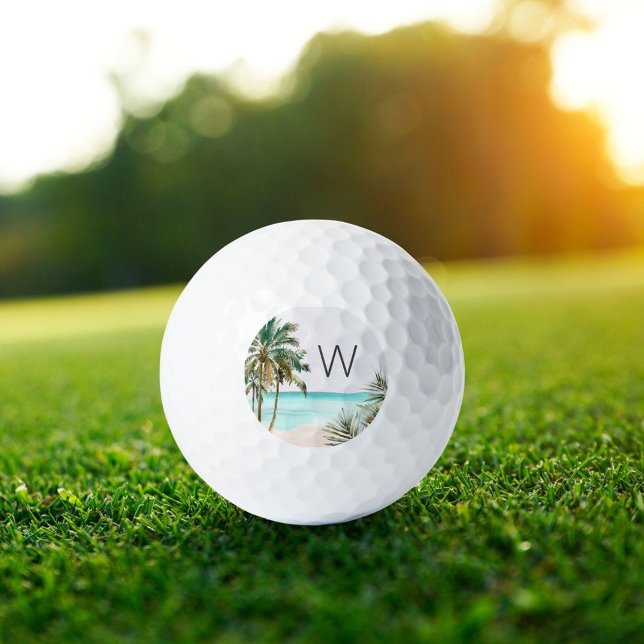Monogrammed Tropical Palm Tree Leaves Blue Beach Golf Balls (In situ)