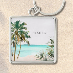 Monogrammed Tropical Palm Tree Leaves Blue Beach Keychain