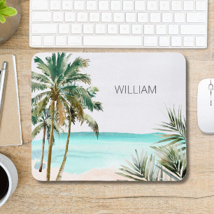 Monogrammed Tropical Palm Tree Leaves Blue Beach Mouse Pad