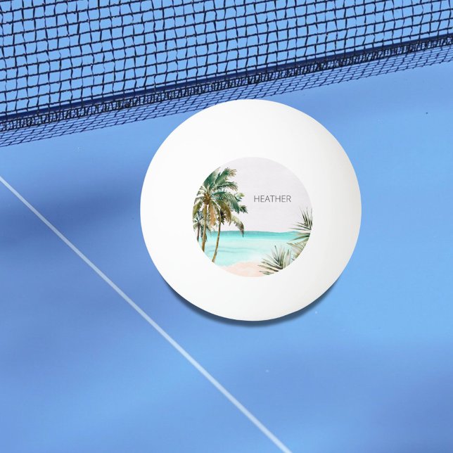 Monogrammed Tropical Palm Tree Leaves Blue Beach Ping Pong Ball (In situ)