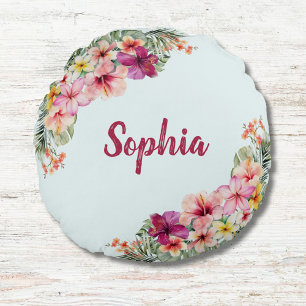 Monogrammed Tropical Pink Flowers Floral Botanical Round Pillow
