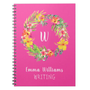 Monogrammed Tropical Watercolor Wreath Flowers Notebook