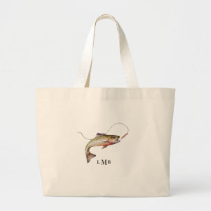 Monogrammed Trout Fishing Large Tote Bag