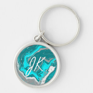 Monogrammed Turquoise and Teal Marble Fluid Art   Keychain