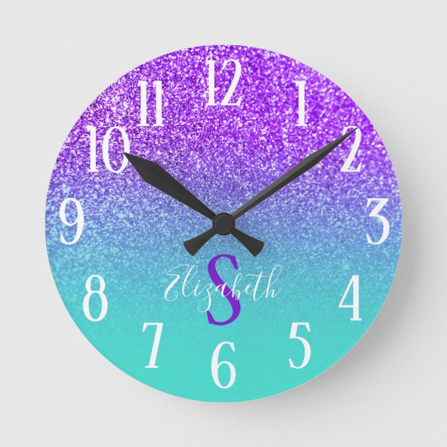 Monogrammed Turquoise and Violet Glitter Ombre Round Clock (Front)