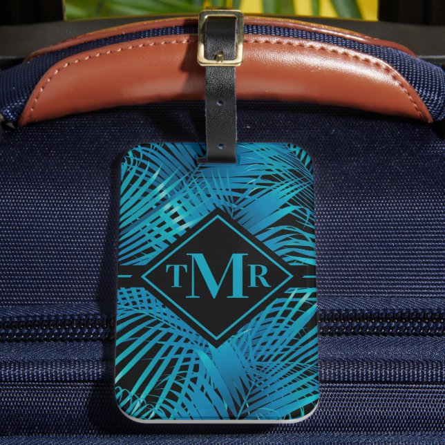 Monogrammed Turquoise Black Palm Luggage Tag (Front Insitu 2)