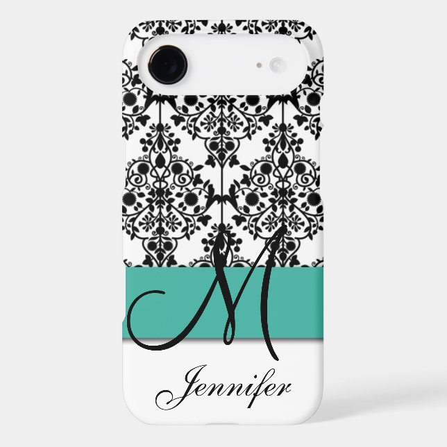 Monogrammed Turquoise Black White Floral Damask Case-Mate iPhone Case (Back)