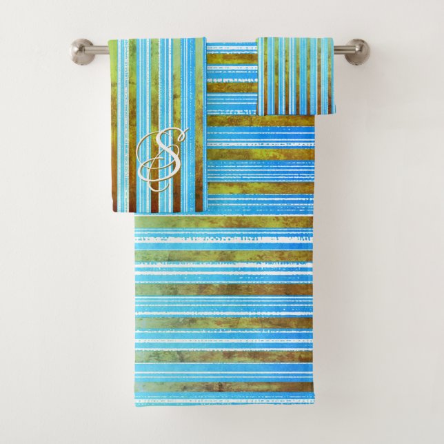 Monogrammed Turquoise, Green, and White Stripes Bath Towel Set (Insitu)