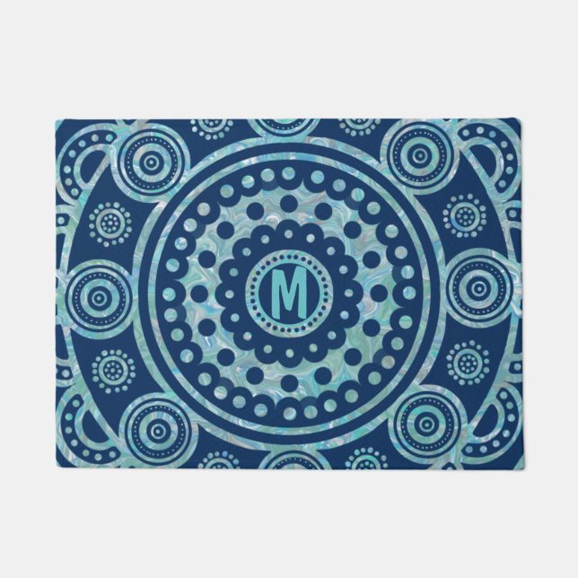 Monogrammed Turquoise Mandala Door Mat (Front)