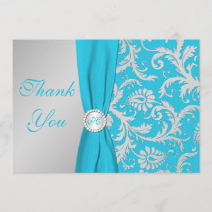 Monogrammed Turquoise, Silver Thank You Card