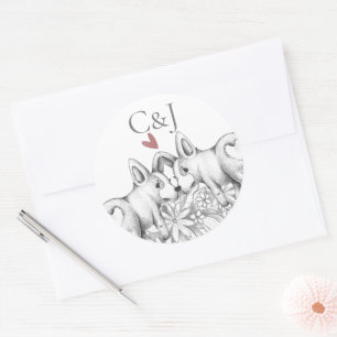 Monogrammed Two Corgi Dogs Wedding Classic Round Sticker