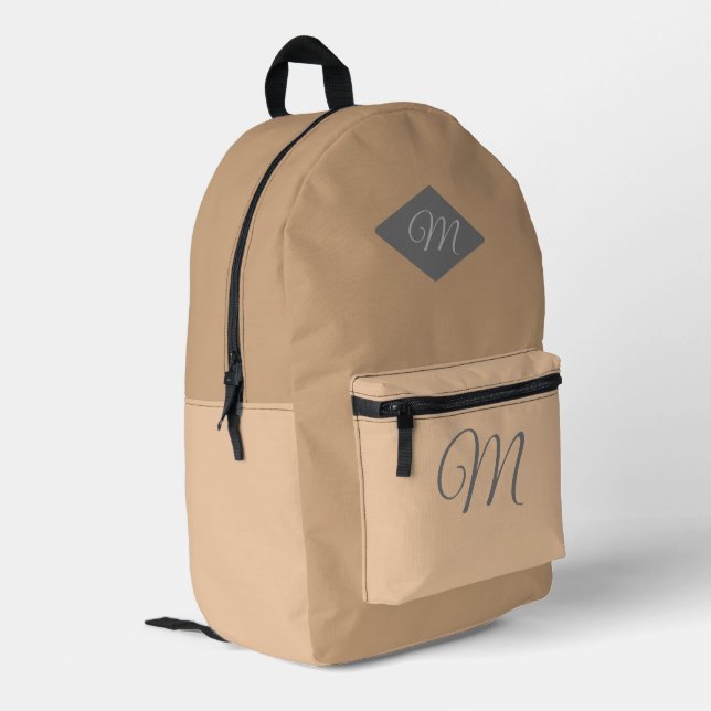 Monogrammed Two-Toned Cream/Tan Printed Backpack (Back Corner Left)