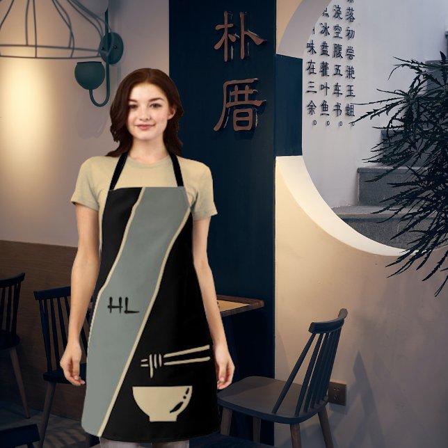 Monogrammed Unique Black Asian Apron w/Chopsticks (Creator Uploaded)