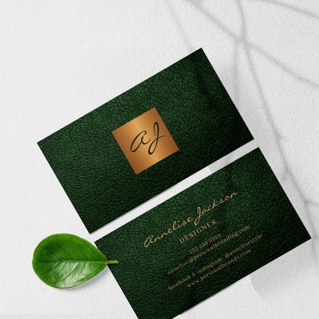 Monogrammed unique green gold  business card (Creator Uploaded)