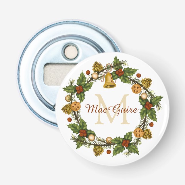 Monogrammed Vintage Elegant Christmas Wreath Bottle Opener (Front)