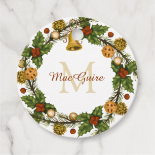 Monogrammed Vintage Elegant Christmas Wreath Favour Tags